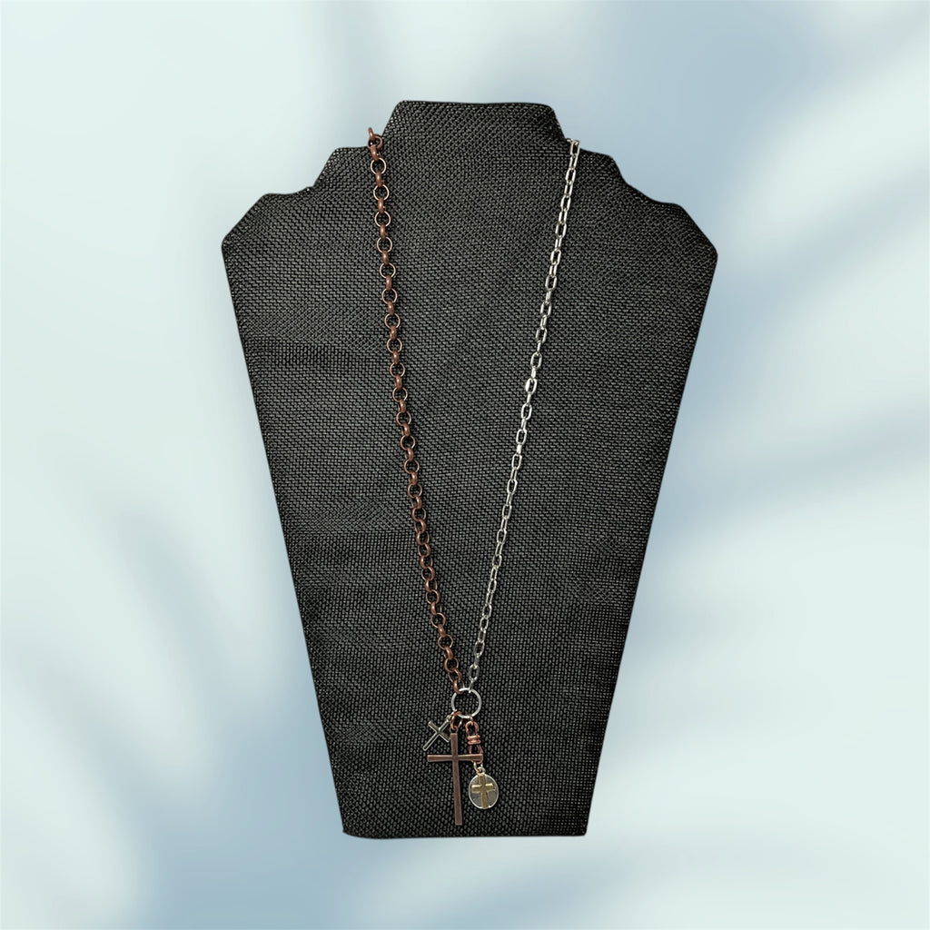 Copper & Silver Mixed Metals Crosses NeckLace