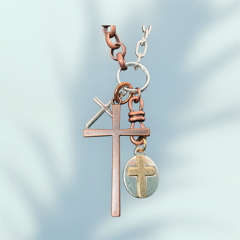 Copper & Silver Mixed Metals Crosses NeckLace